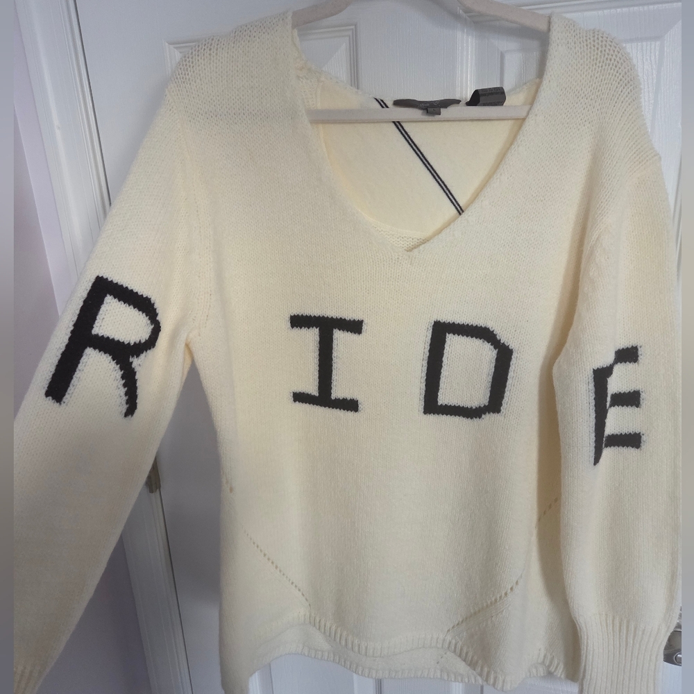 Cream V-Neck Sweater with Black Ride Lettering
